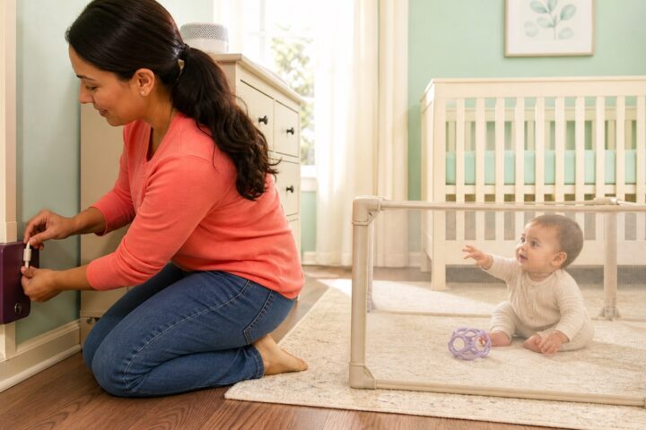 Caregiver enclosing a nursery power cable in a wall raceway while baby watches safely behind a mesh barrier