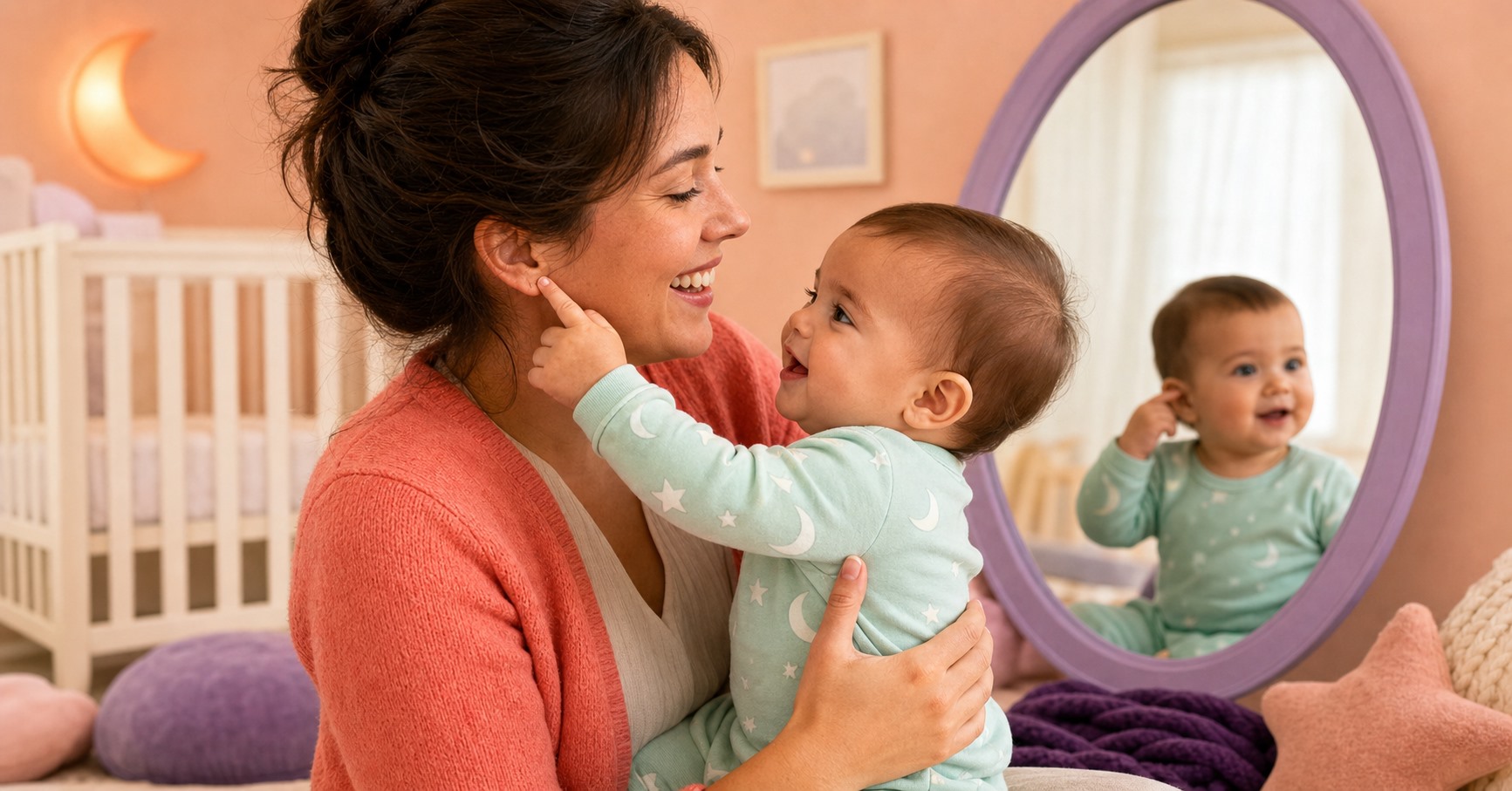 Baby in mint moon pajamas gently touching a smiling parent's ear beside a crib and lavender mirror