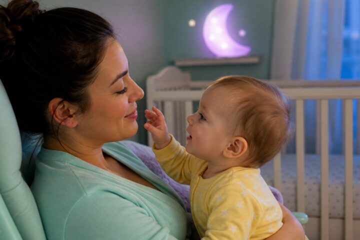 Baby gazing at a parent's eyelashes during a bedtime cuddle beside a bare crib and lavender moon light