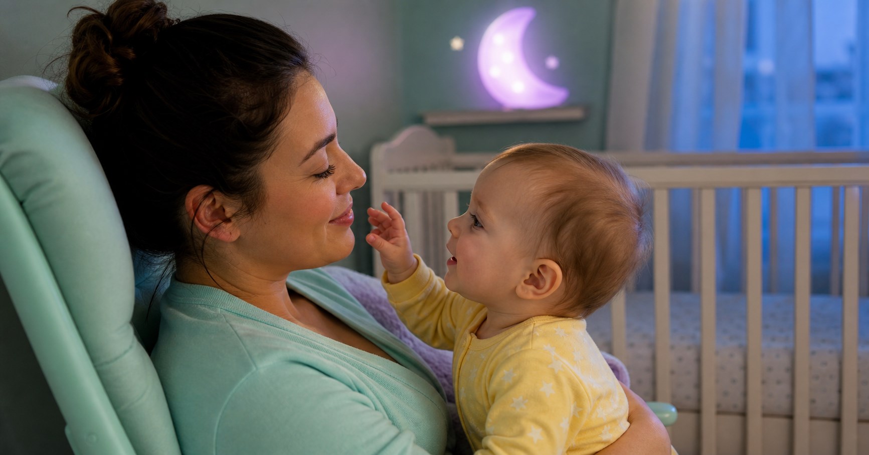 Baby gazing at a parent's eyelashes during a bedtime cuddle beside a bare crib and lavender moon light