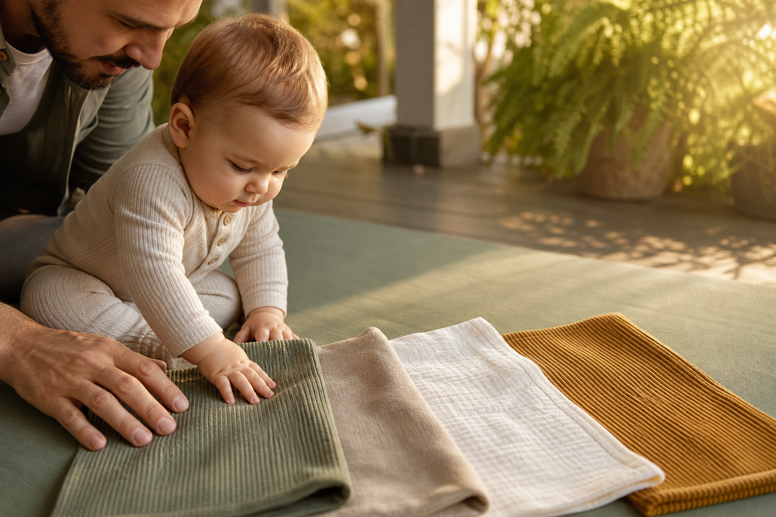 Baby touches textured fabric squares beside father on a sunny porch.