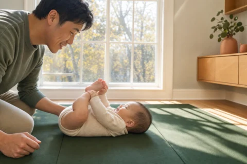 Baby grasps a bare foot beside smiling father in sunny window nook