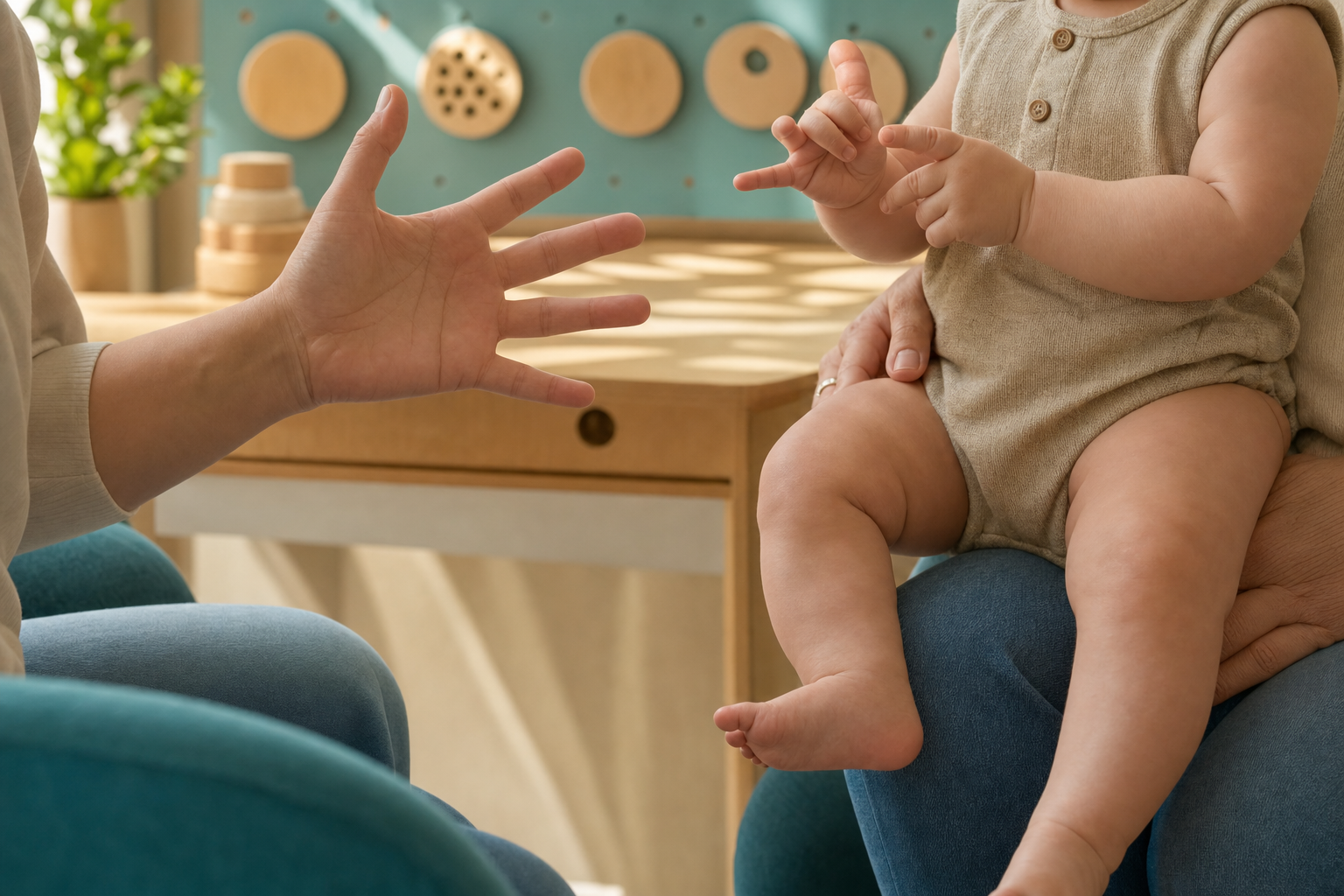 Baby examines both hands while a specialist mirrors an open palm in a pediatric consultation room.