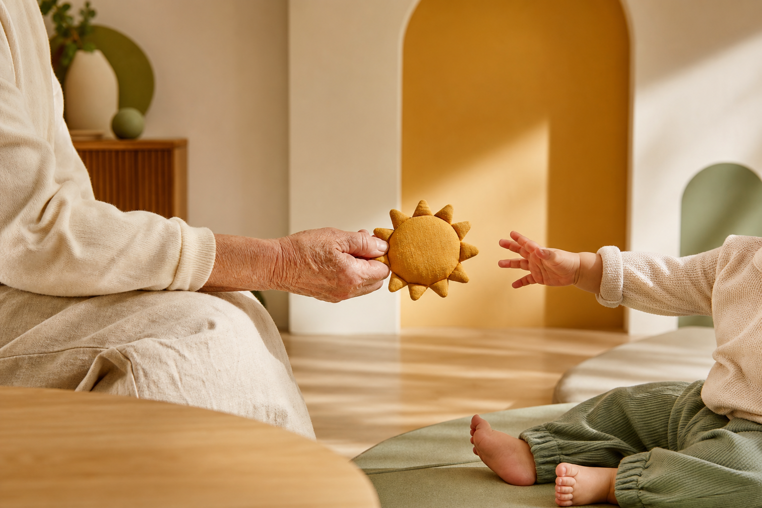 Grandmother offers a soft sun toy to a baby reaching across a sunlit play space.