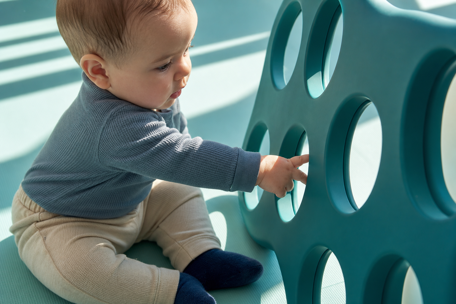 Curious baby reaches two fingers through a large teal sensory panel opening.