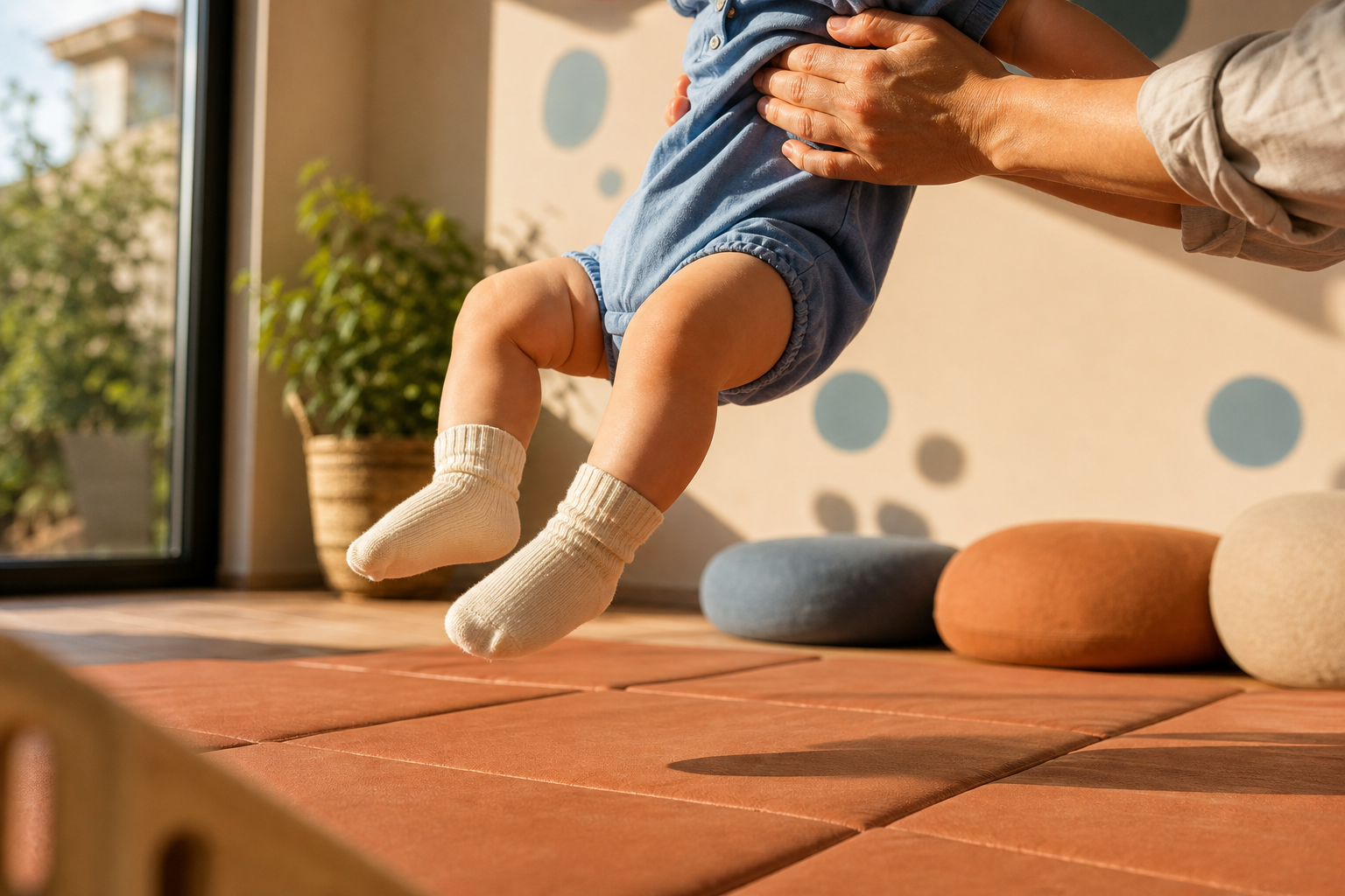 Caregiver supports a toddler bouncing above a terracotta play mat