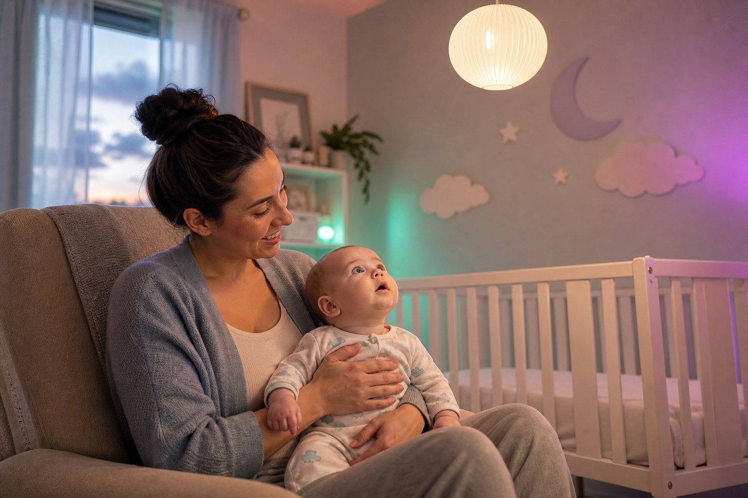 Mother holds her awake baby as the baby looks toward a softly glowing ceiling light in a pastel nursery.