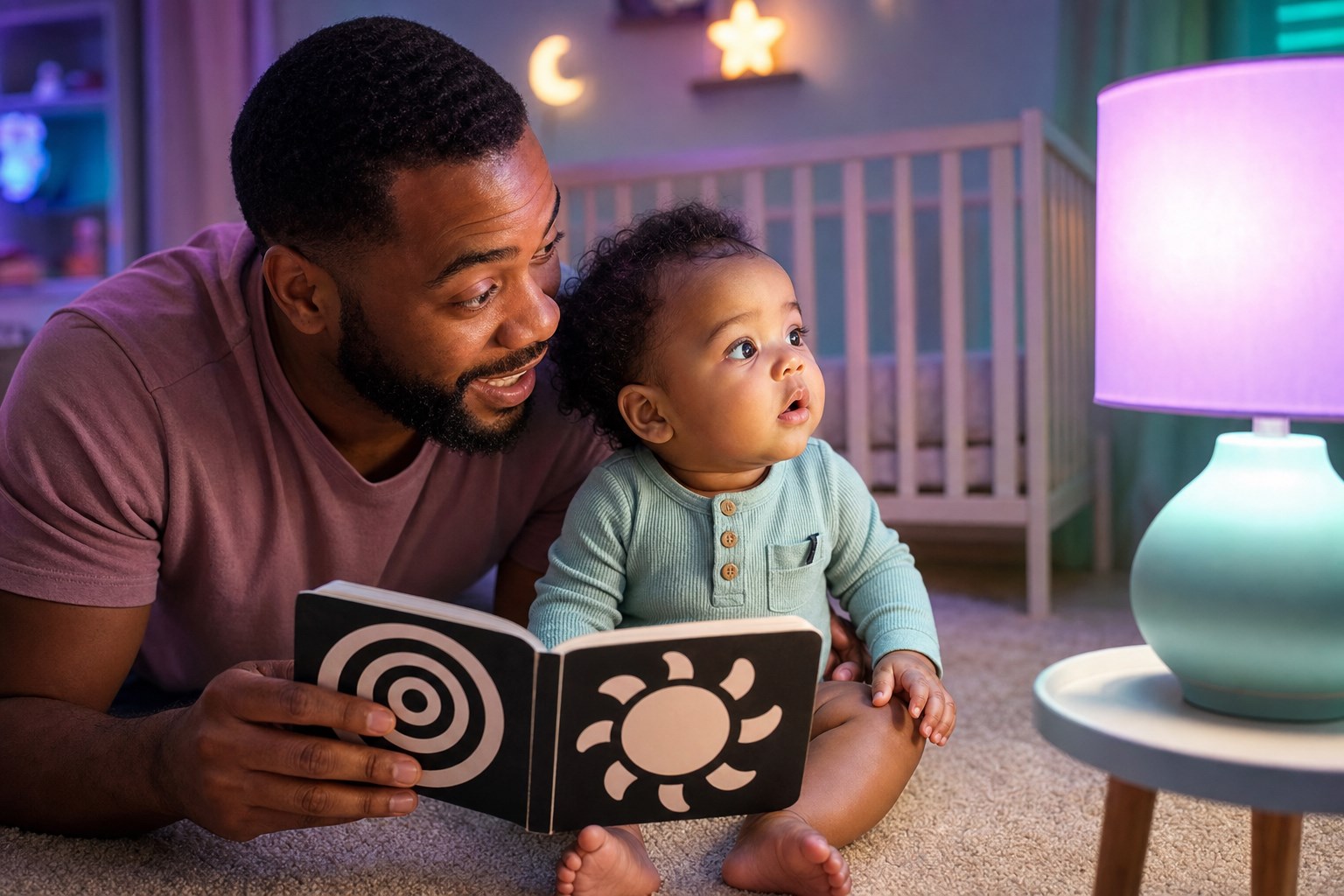Father holds a high-contrast board book beside his awake baby while the baby looks toward a softly glowing lavender lamp.