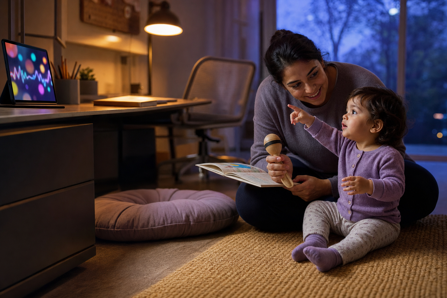 Toddler points toward a colorful tablet while her caregiver offers a wooden shaker and picture book