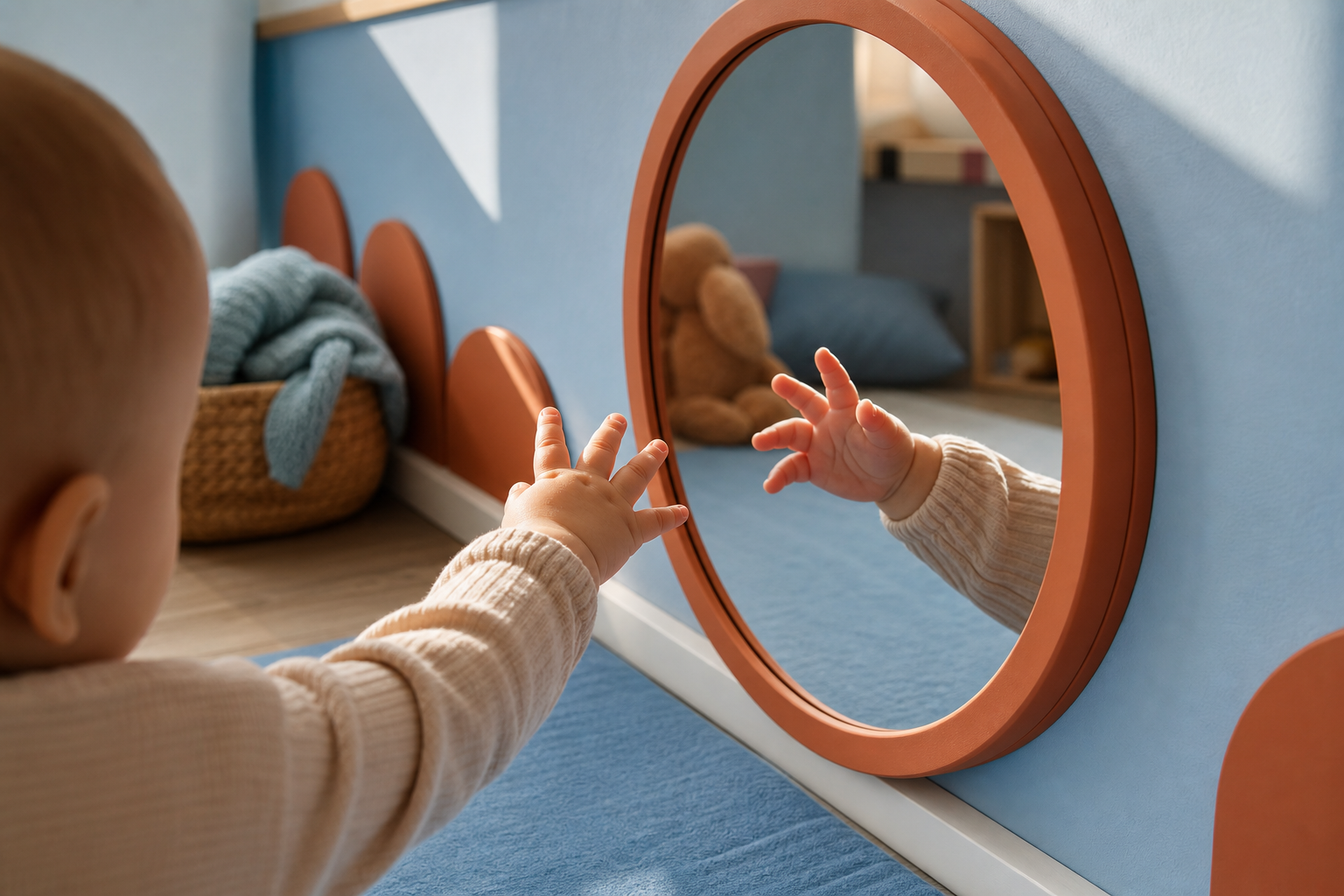 Baby reaches toward their hand reflected in a terracotta-framed play mirror