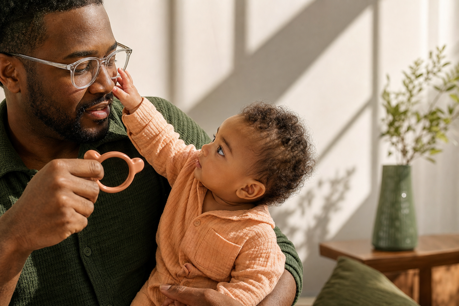 Baby reaches for father's clear eyeglasses in sunlit window nook