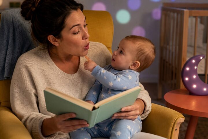 Baby watching a parent's mouth as the parent sings during a bedtime story beside a bare crib and purple moon light