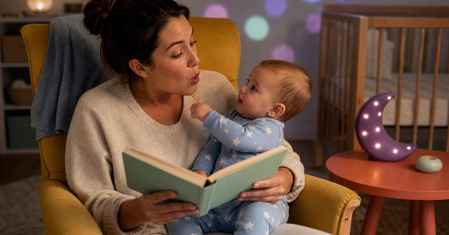 Baby watching a parent's mouth as the parent sings during a bedtime story beside a bare crib and purple moon light
