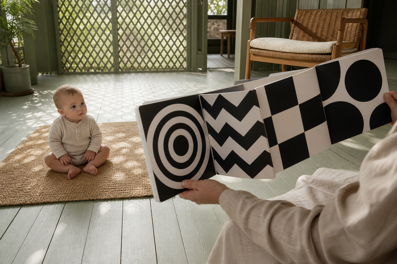 Baby watches bold black-and-white patterns on a sage porch