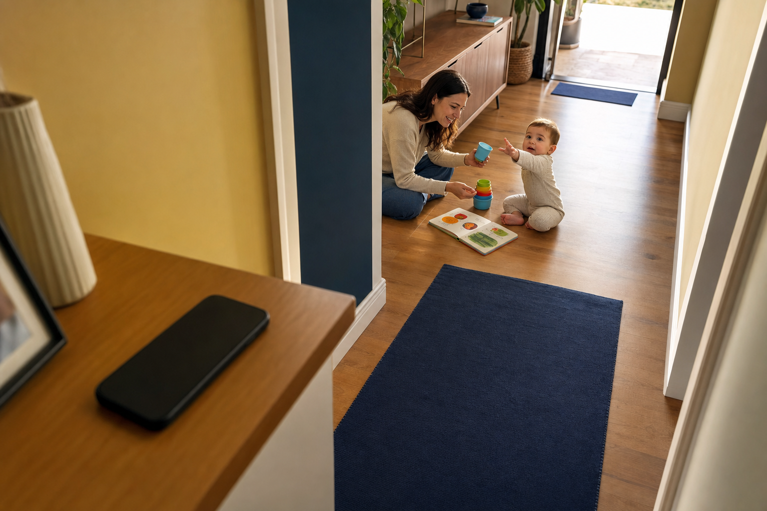 Editorial scene illustrating help! my baby is obsessed with my phone in a bright home setting.