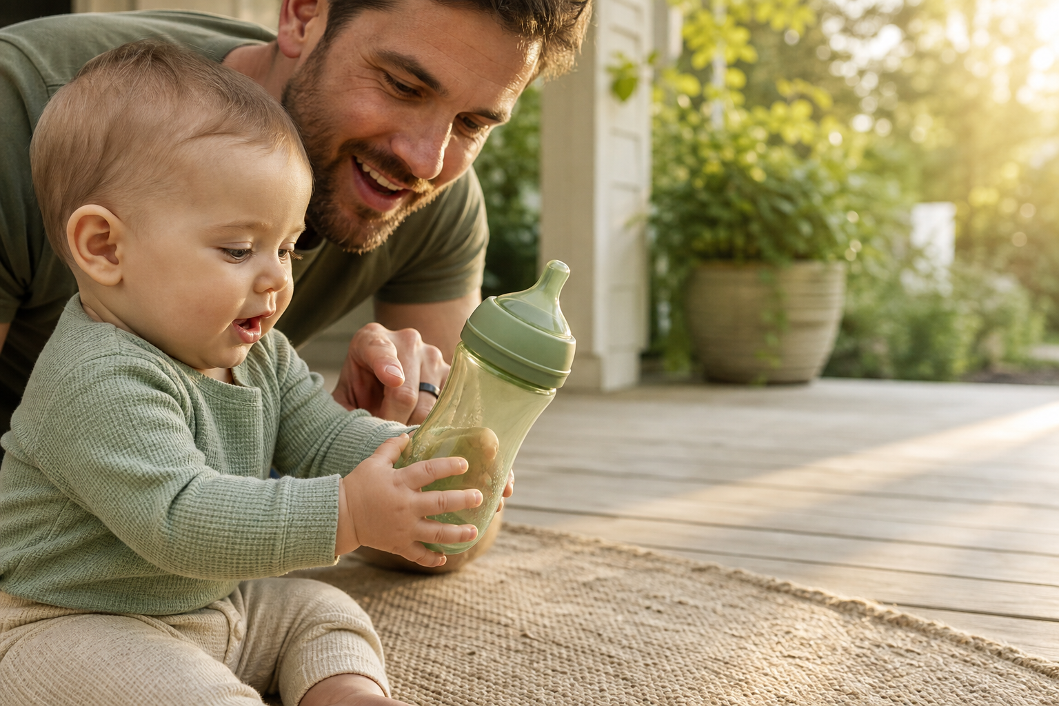 Baby grips a sage green bottle beside his father on a sunlit porch