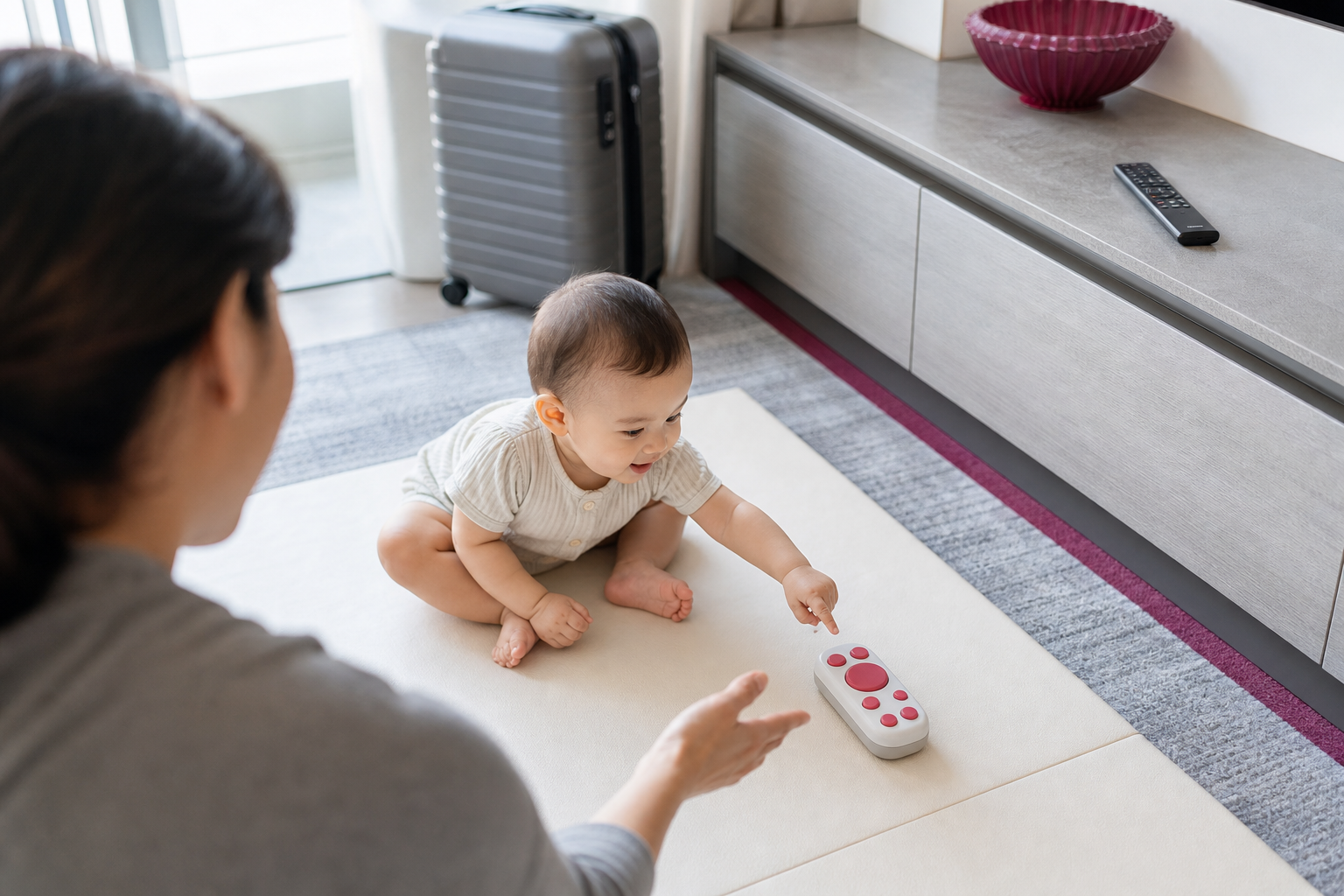 Baby points toward a raspberry-button toy remote in a bright hotel suite.
