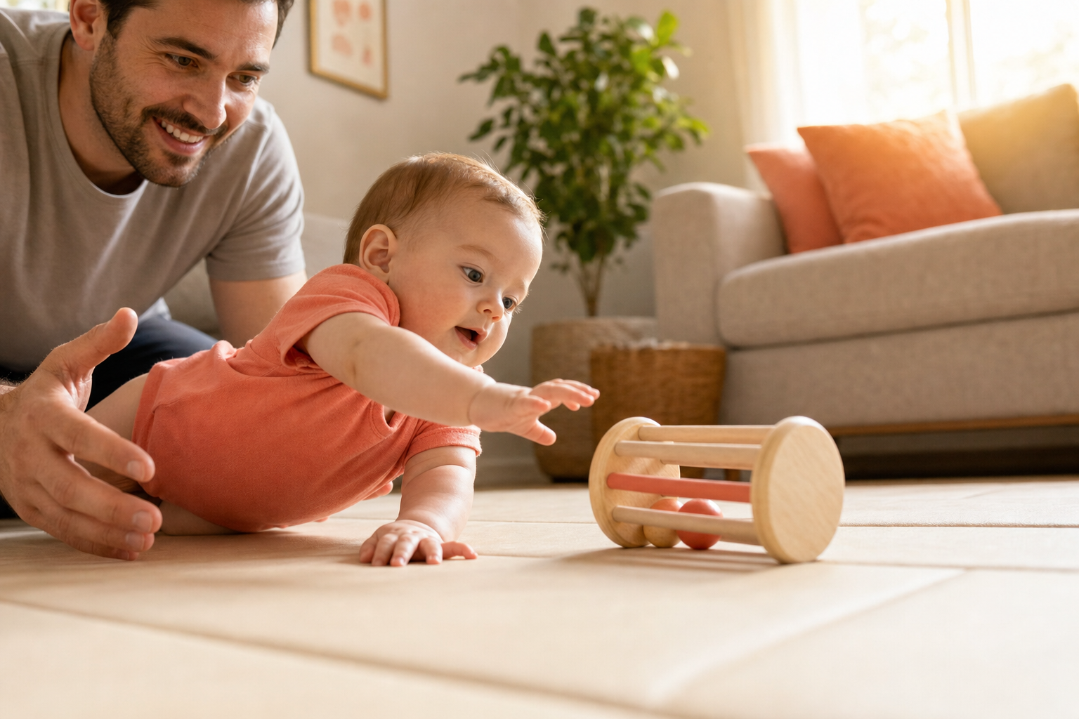 Father supervises baby twisting toward a wooden rolling toy on a cream floor mat.