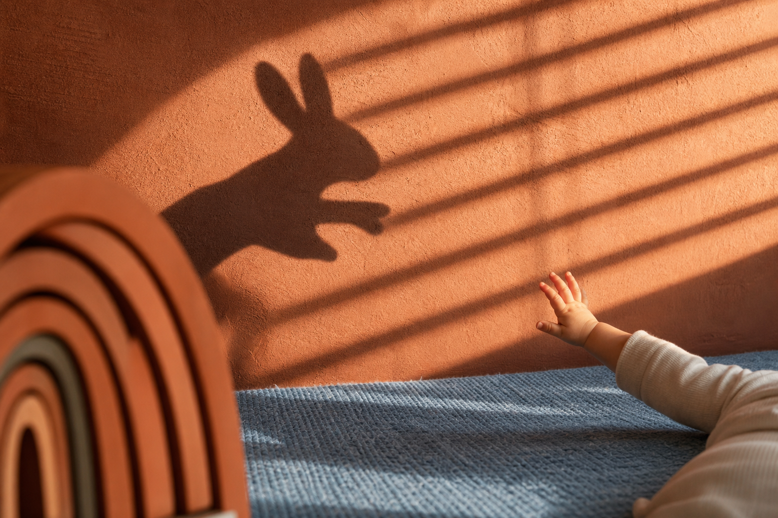 Baby reaching toward a rabbit-shaped shadow on a sunlit terracotta wall