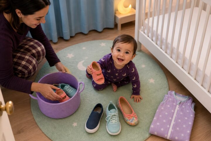 Smiling baby holding a coral shoe on a mint nursery rug while a parent gathers colorful shoes into a lavender basket beside a bare crib