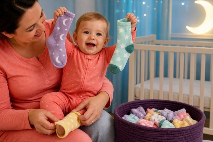 Happy baby holding lavender moon socks and mint star socks while a parent puts on a yellow bedtime sock beside a bare crib