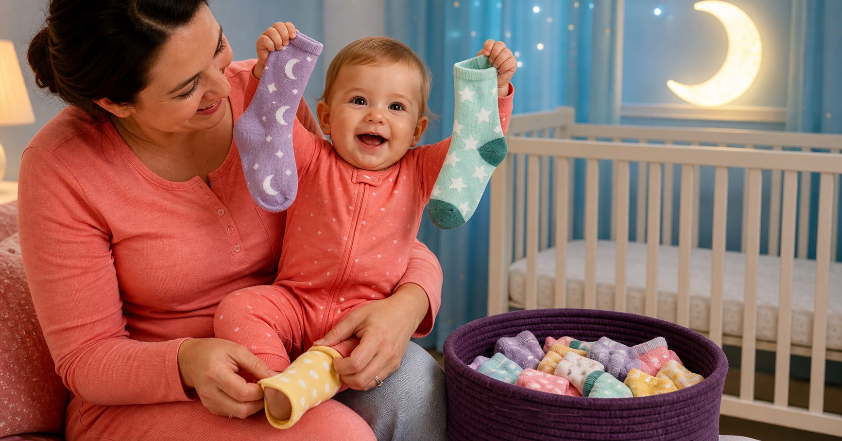 Happy baby holding lavender moon socks and mint star socks while a parent puts on a yellow bedtime sock beside a bare crib