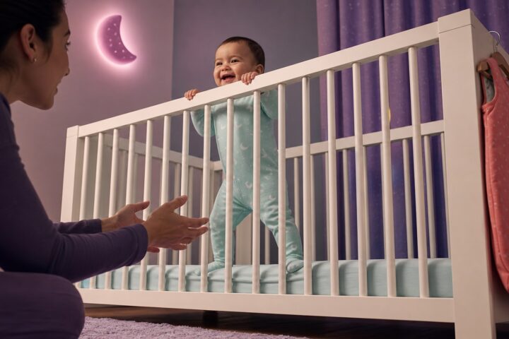 Smiling baby standing in a bare crib at bedtime while a parent kneels nearby with open hands