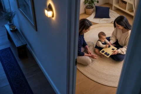 Baby touches short indigo fabric tabs on a sensory board with two supervising adults.