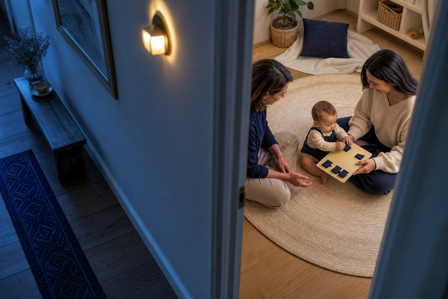 Baby touches short indigo fabric tabs on a sensory board with two supervising adults.