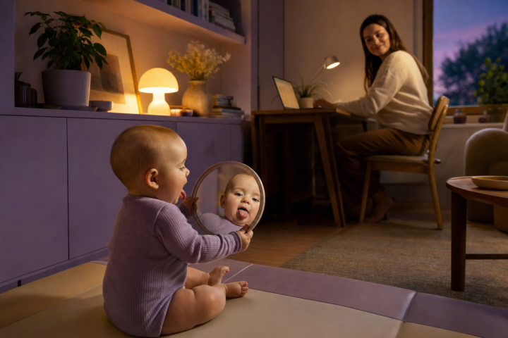 Baby sticks out tongue while looking into a handheld mirror
