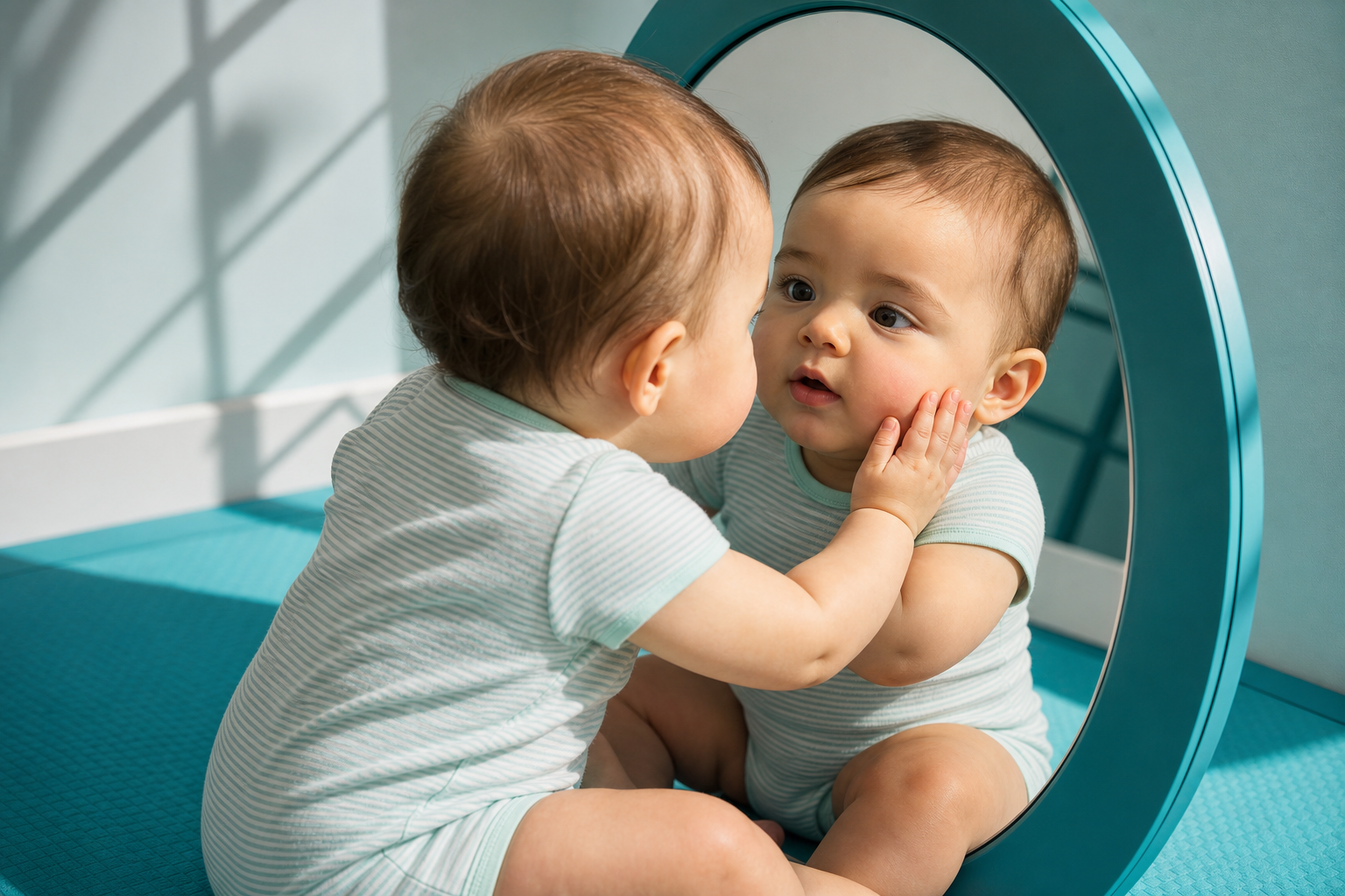 Curious baby touches their cheek in a teal-framed mirror.