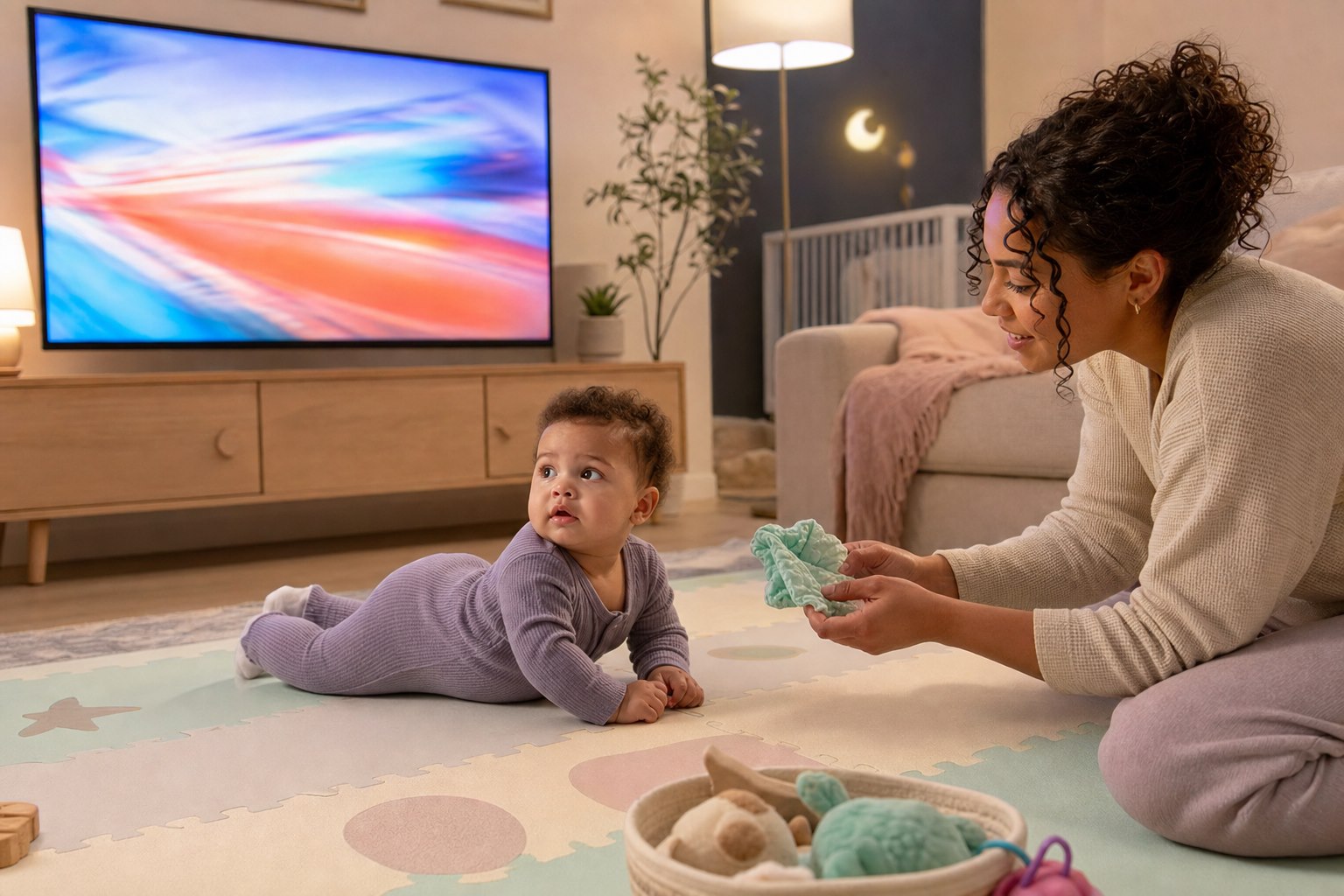Awake baby looks toward a television while their mother offers a soft toy from the floor.