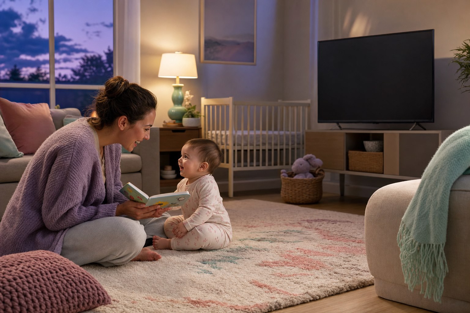 Mother and awake baby share a picture book on a rug beside a switched-off television and empty crib.