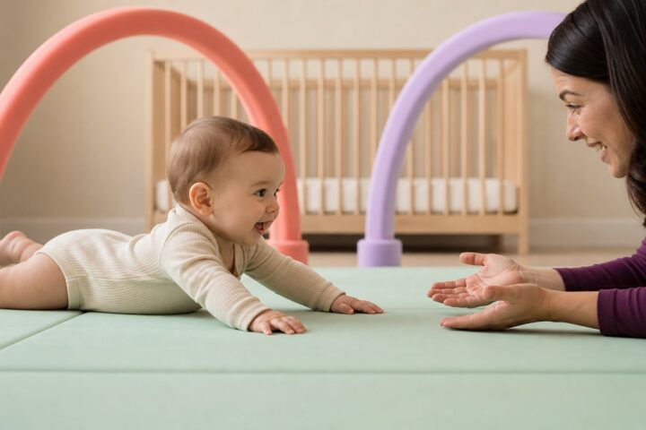 Awake baby belly-crawling across a padded mint mat toward a caregiver with open hands