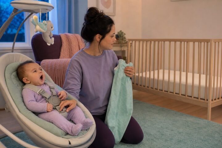 Yawning awake baby secured in an infant swing as a parent holds a sleep sack beside an empty crib