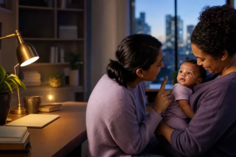 Wide-eyed baby watches a coach beside their caregiver in a blue-hour home office.
