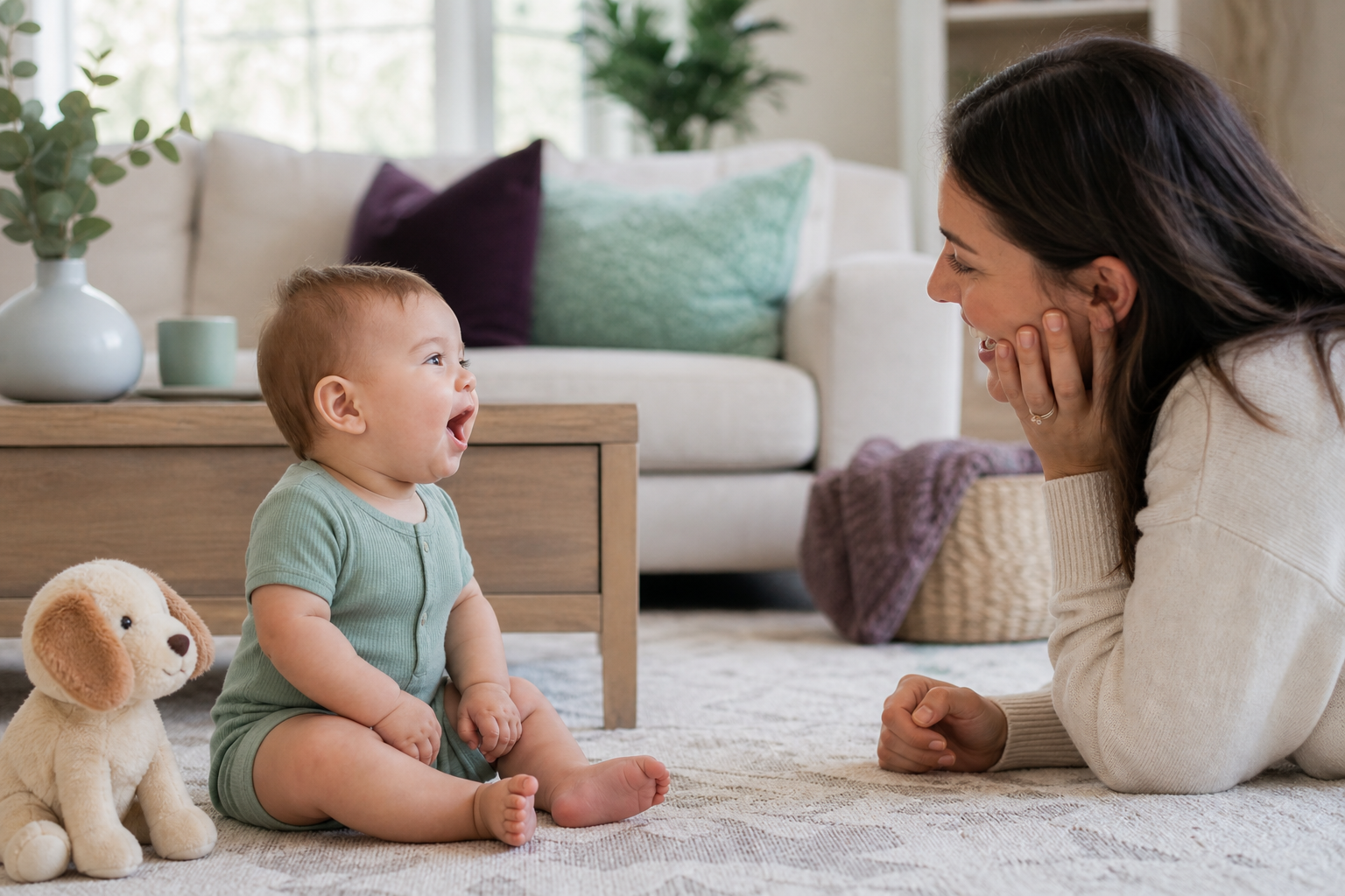 Baby making a playful puppy-like sound while a caregiver listens on a bright living room carpet