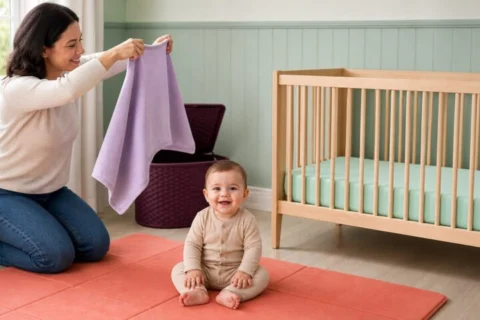 Caregiver holding a lavender blanket completely away from an awake baby beside a bare crib
