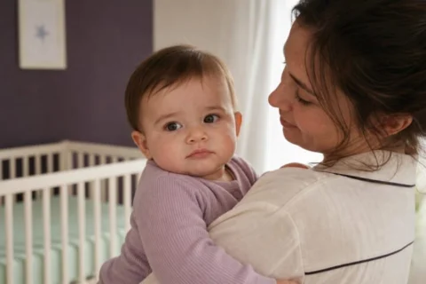 Caregiver calmly holding an awake baby with a subtly quivering lower lip in a SleepBaby nursery