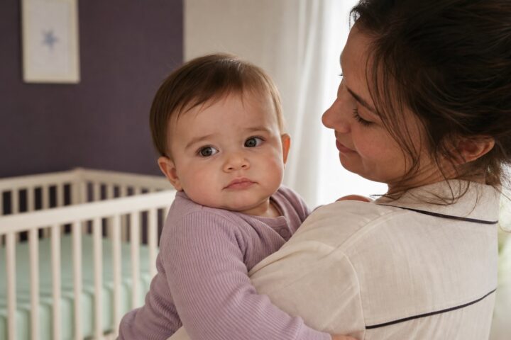 Caregiver calmly holding an awake baby with a subtly quivering lower lip in a SleepBaby nursery