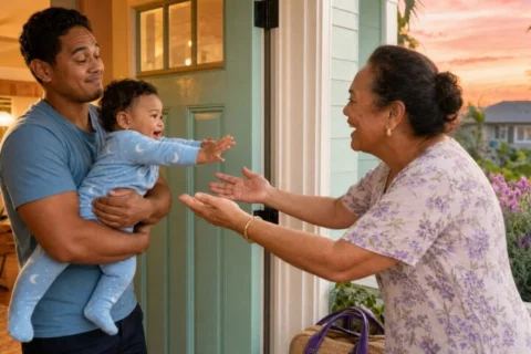 Baby in moon-print pajamas reaches eagerly from the secure hold of a father toward Grandma at the front door.