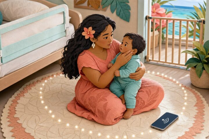 Mother sits on a rug and checks her alert baby's face beside a low bed with a safety rail, with a phone within reach.
