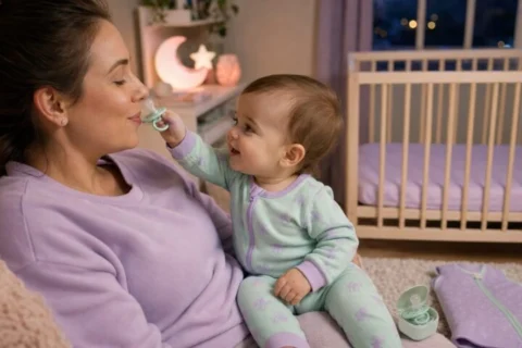 Baby in mint pajamas offers a pacifier to smiling mother during a bedtime routine beside a bare crib.