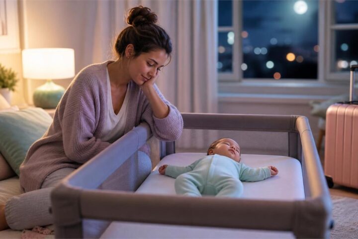 Mother watching a baby sleep on their back in a bare travel crib beside a closed suitcase at night
