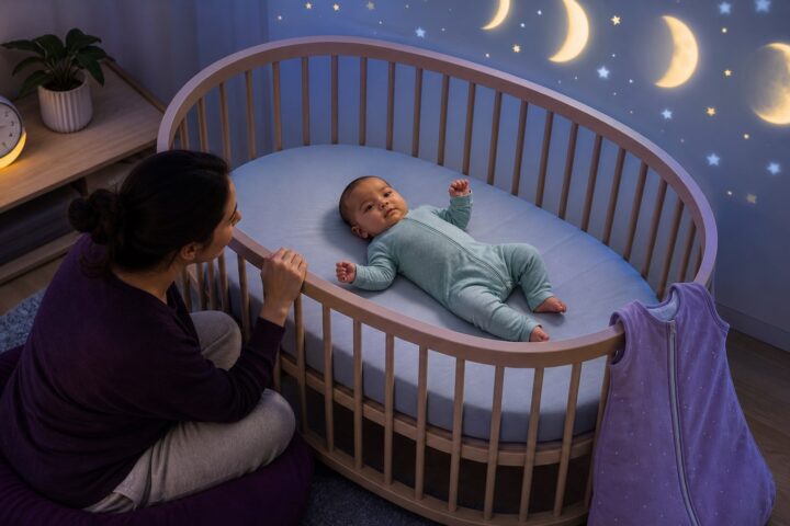 Four-month-old baby lying safely awake on their back in a bare crib while a parent watches beside moonlit nursery walls