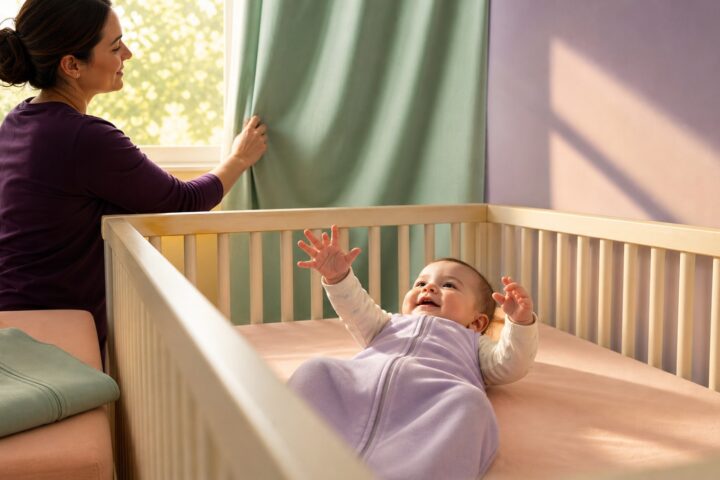 A smiling five-month-old in a lavender sleep sack lies on the back in an empty crib while a parent closes a mint curtain.