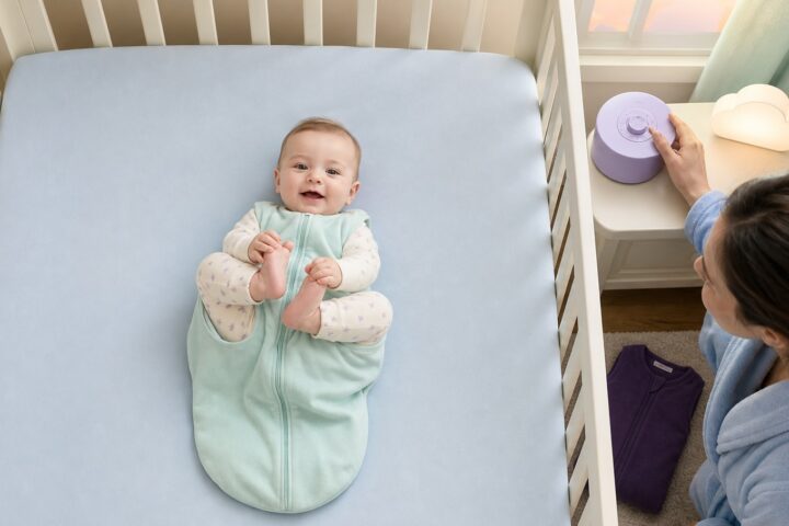 A smiling six-month-old lies on the back holding both feet in an empty blue-sheet crib while a parent adjusts a lavender sound machine.