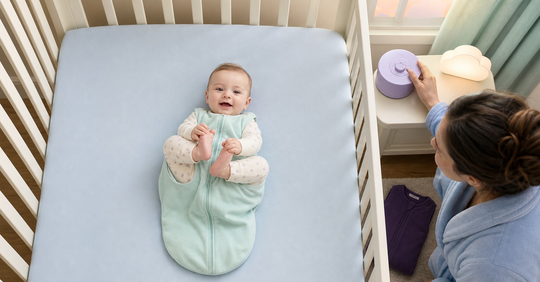 A smiling six-month-old lies on the back holding both feet in an empty blue-sheet crib while a parent adjusts a lavender sound machine.