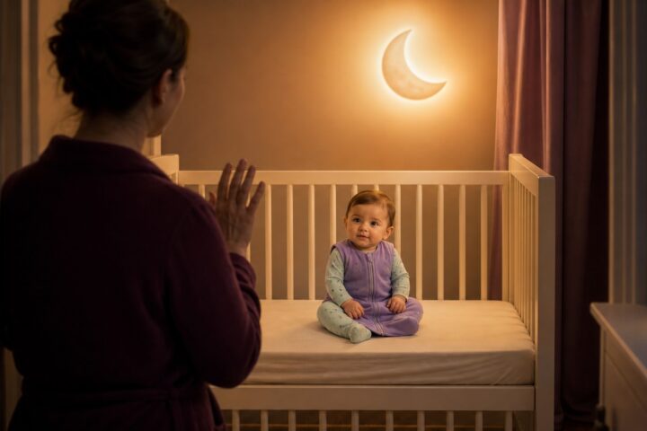 A seven-month-old baby in a lavender sleep sack sits awake in an empty crib while a parent waves beneath a warm crescent light.