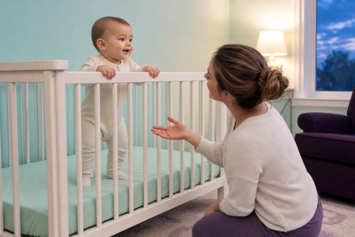 Awake eight-month-old standing at the rail of a bare low-mattress crib while mother kneels nearby